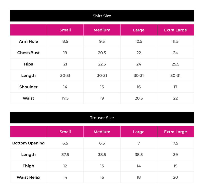 Size Chart for Anvah 2 Piece