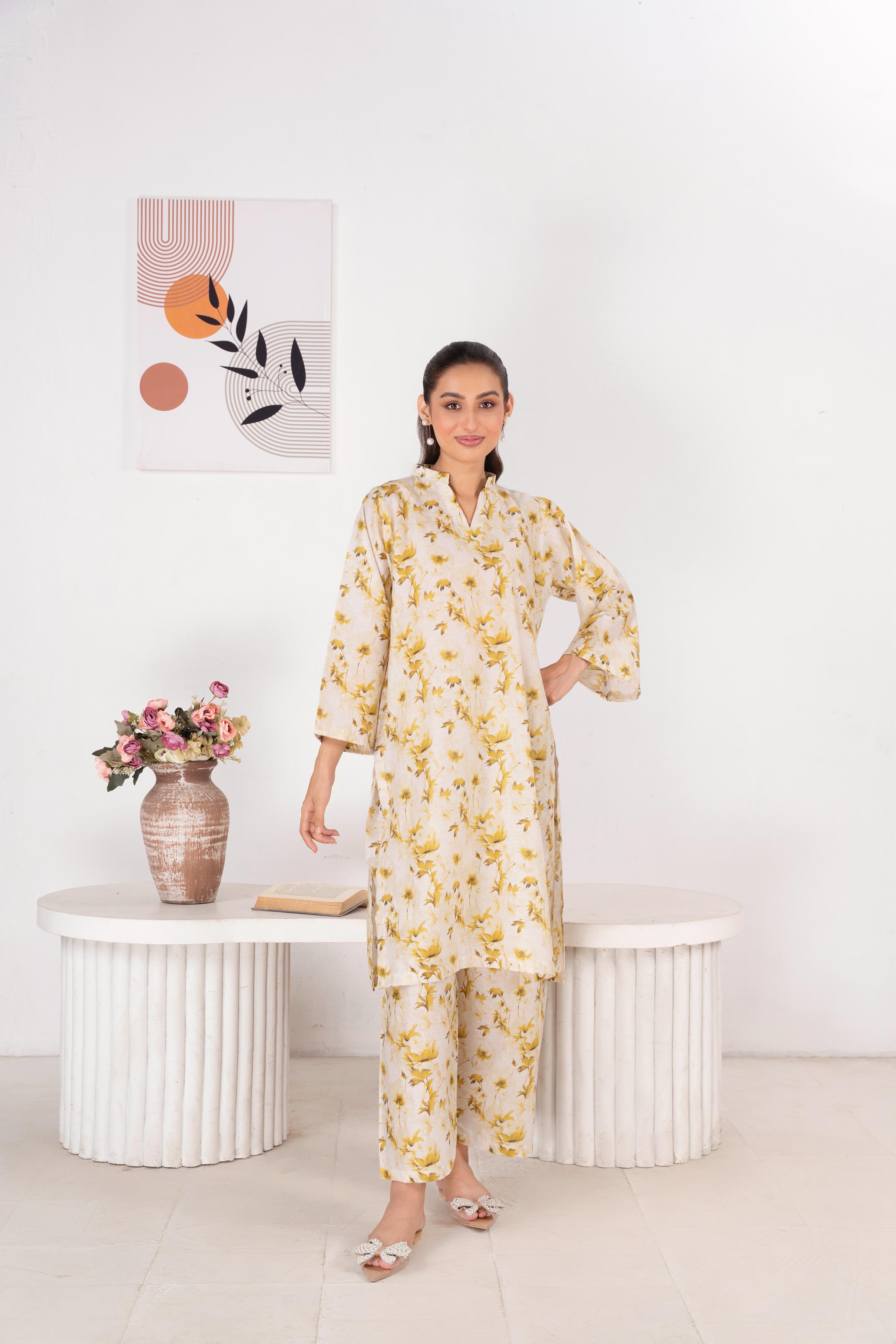 Unstitched Lawn 2Pc Printed (yellowish)