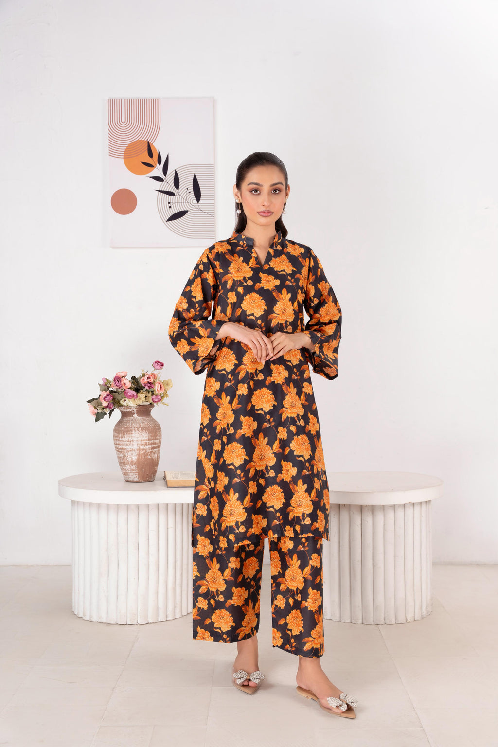 Unstitched Lawn 2Pc Printed (orange petals)