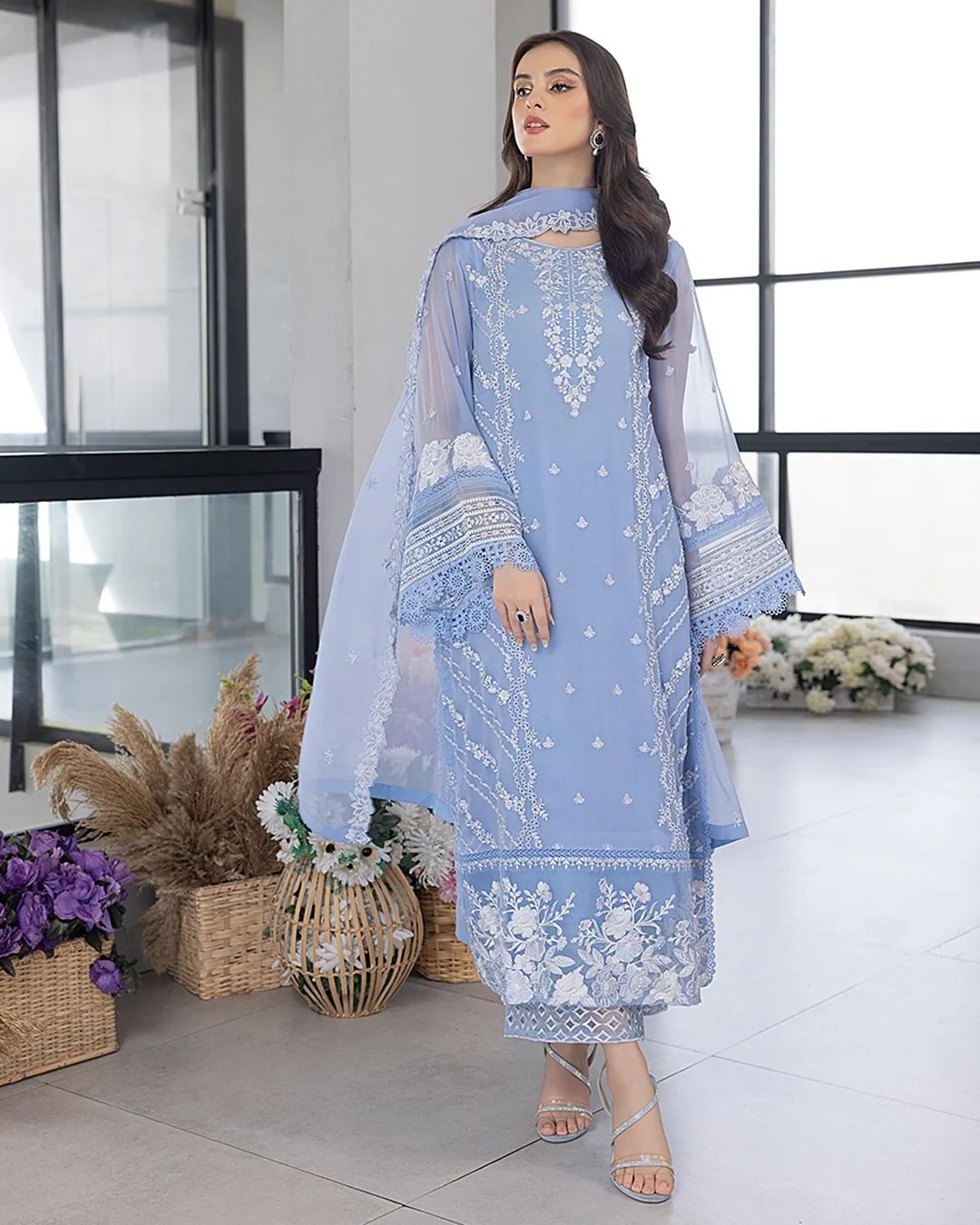 Pezwaan Abroo Sky Blue Organza 3-Piece Suit