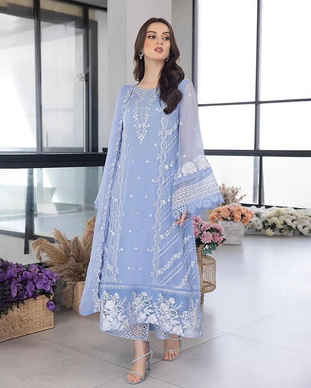 Pezwaan Abroo Sky Blue Organza 3-Piece Suit